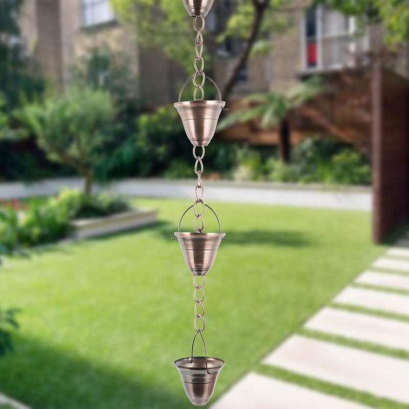 DUSVALLY Rain Chain, 8FT Bell Metal Rain Chain, Functional and Decorative Replacement for Gutter Downspouts, Divert Water and Home Display, Adjustable, Antique Gold - Image 4